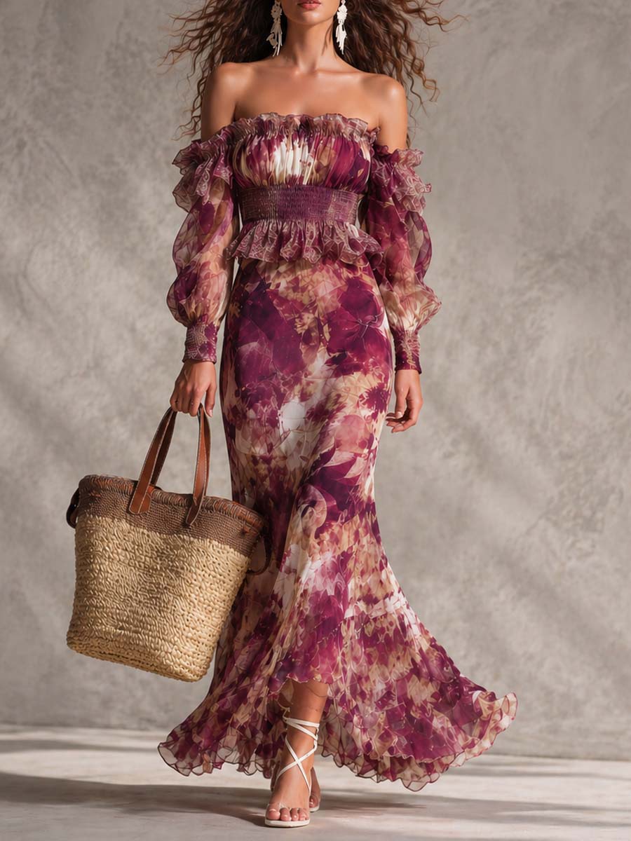 Sophia | Rose Pink Floral Off-Shoulder Chiffon Maxi Dress