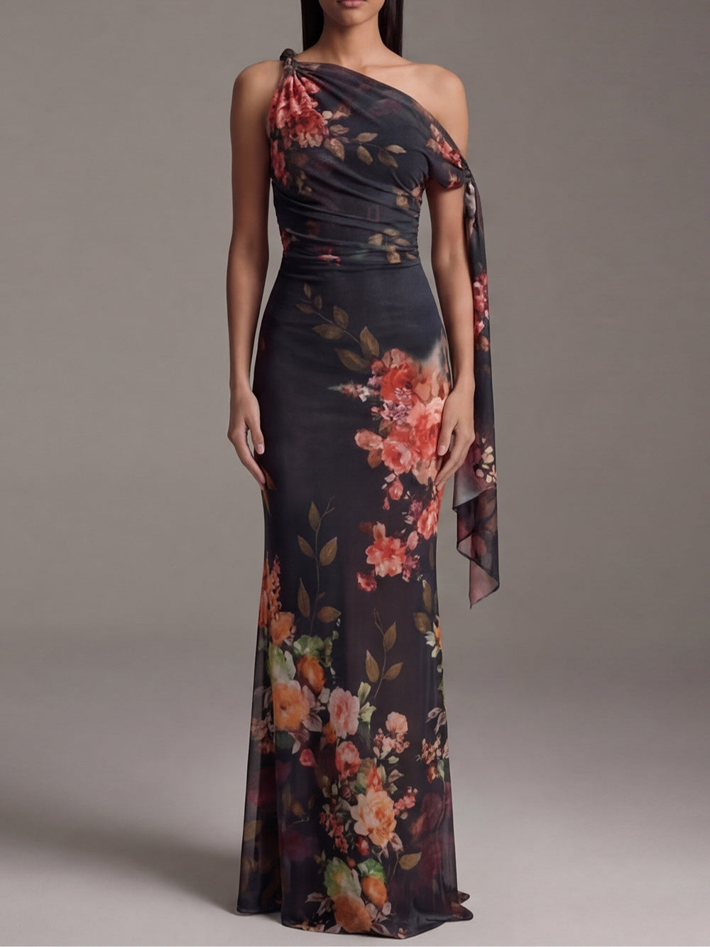 Madison | Black One-Shoulder Printed Pleated Chiffon Maxi Dress