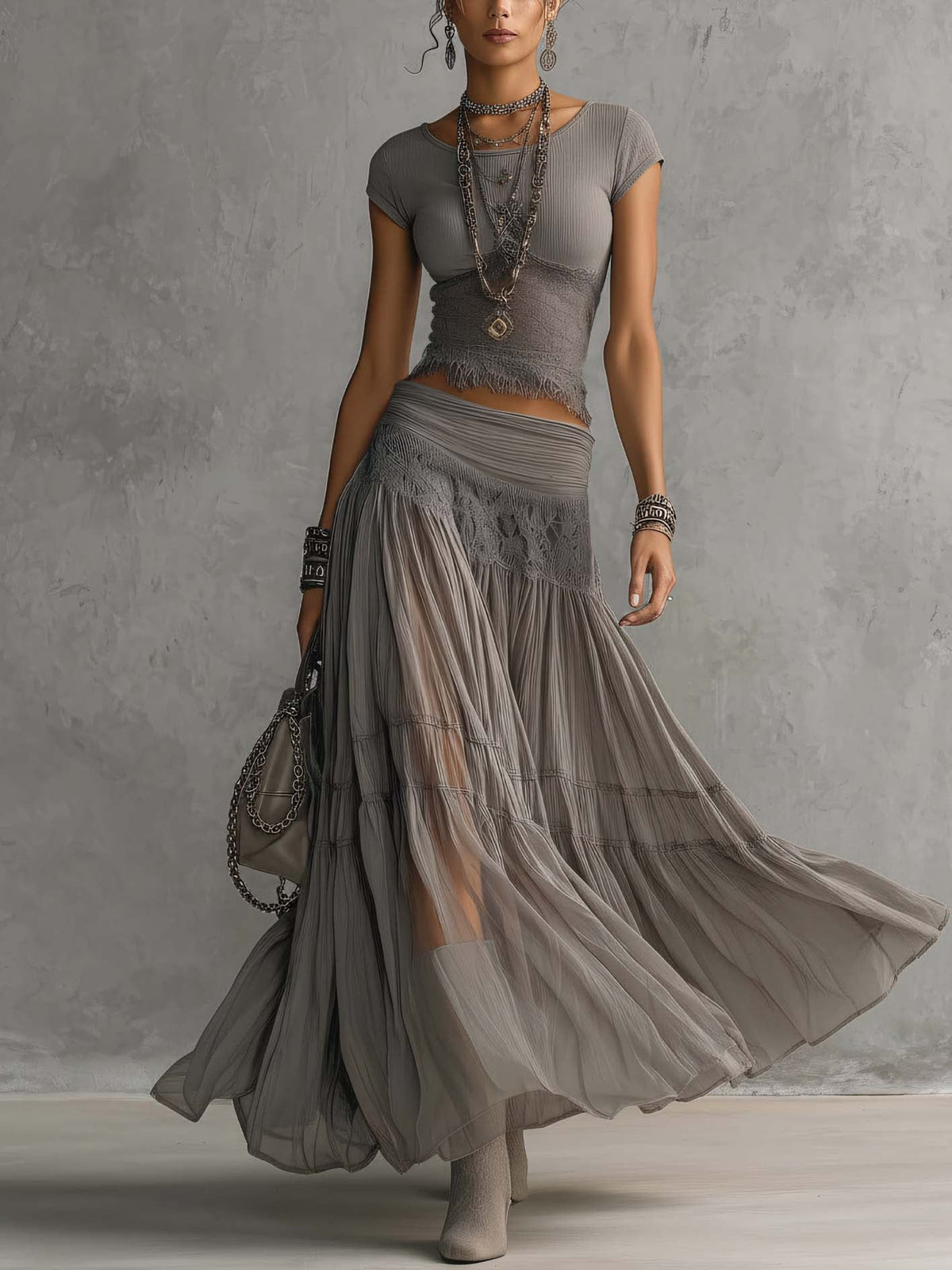Lily | Grey Sheer Lace-Paneled Top and Pleated Maxi Skirt Set