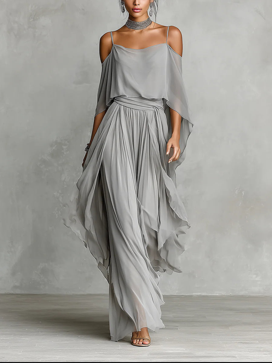 Penelope | Grey off-shoulder flowy camisole and trousers chiffon set