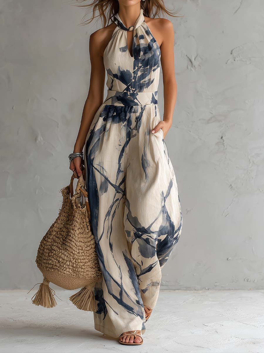 Riley | Halter Neck Ink Wash Print Wide Leg Jumpsuit With Pockets