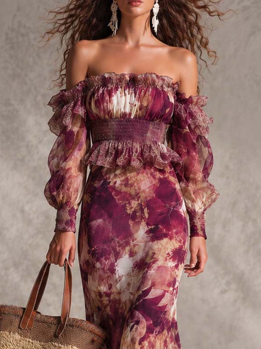 Sophia | Rose Pink Floral Off-Shoulder Chiffon Maxi Dress
