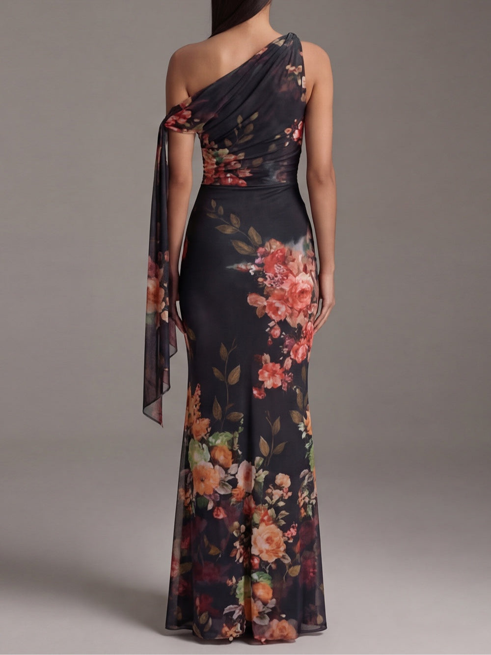 Madison | Black One-Shoulder Printed Pleated Chiffon Maxi Dress