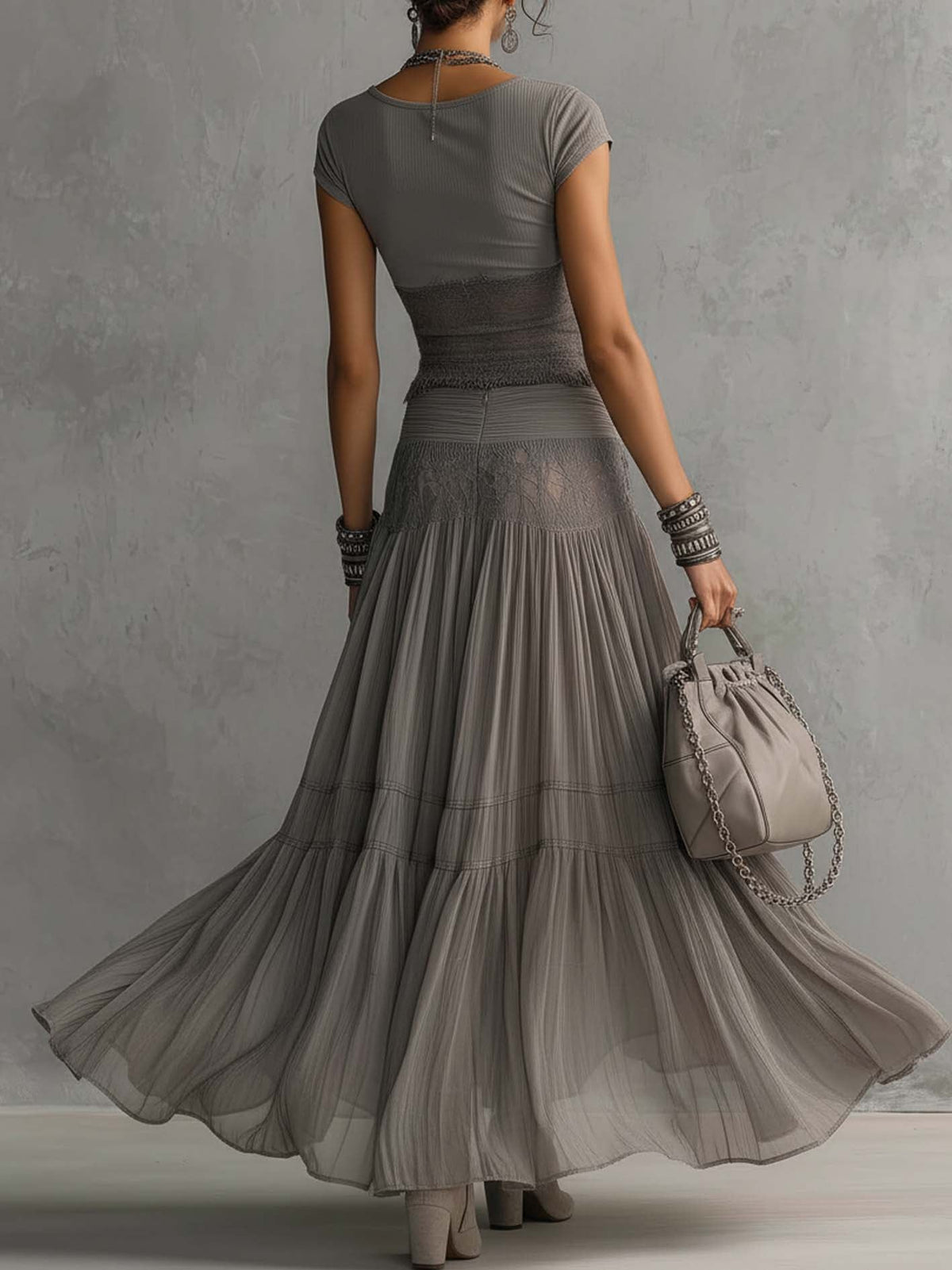 Lily | Grey Sheer Lace-Paneled Top and Pleated Maxi Skirt Set