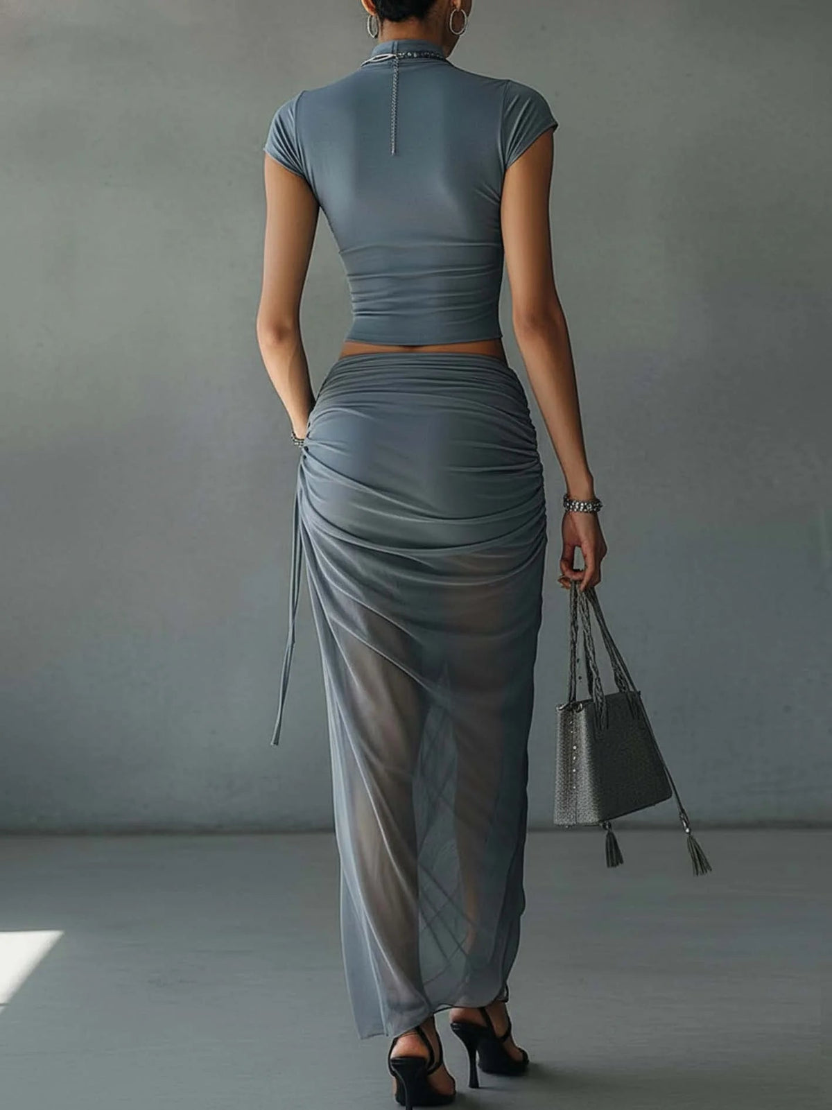 Scarlett| Blue Cropped T-Shirt and Sheer Mesh Draped Skirt Set