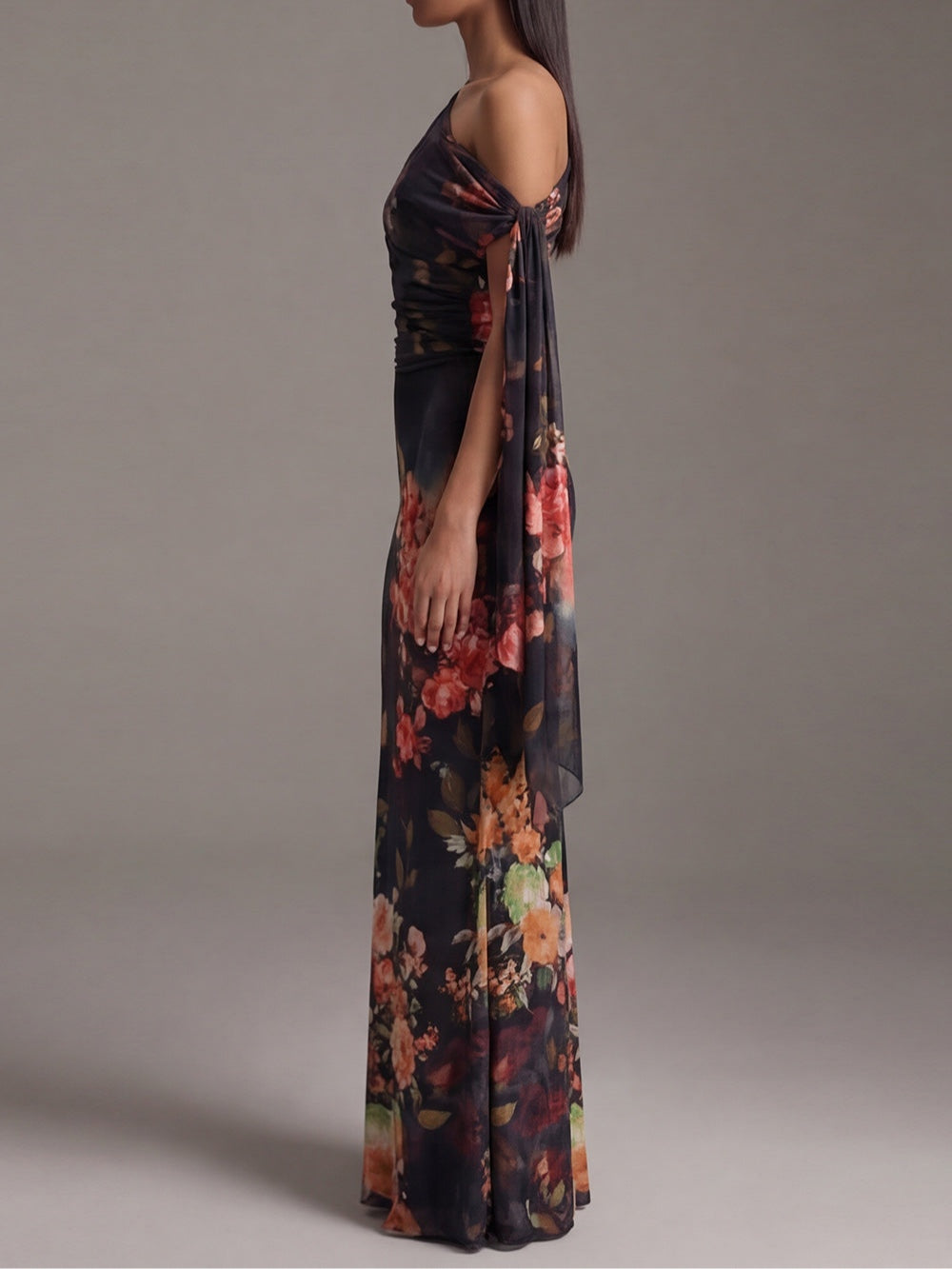 Madison | Black One-Shoulder Printed Pleated Chiffon Maxi Dress