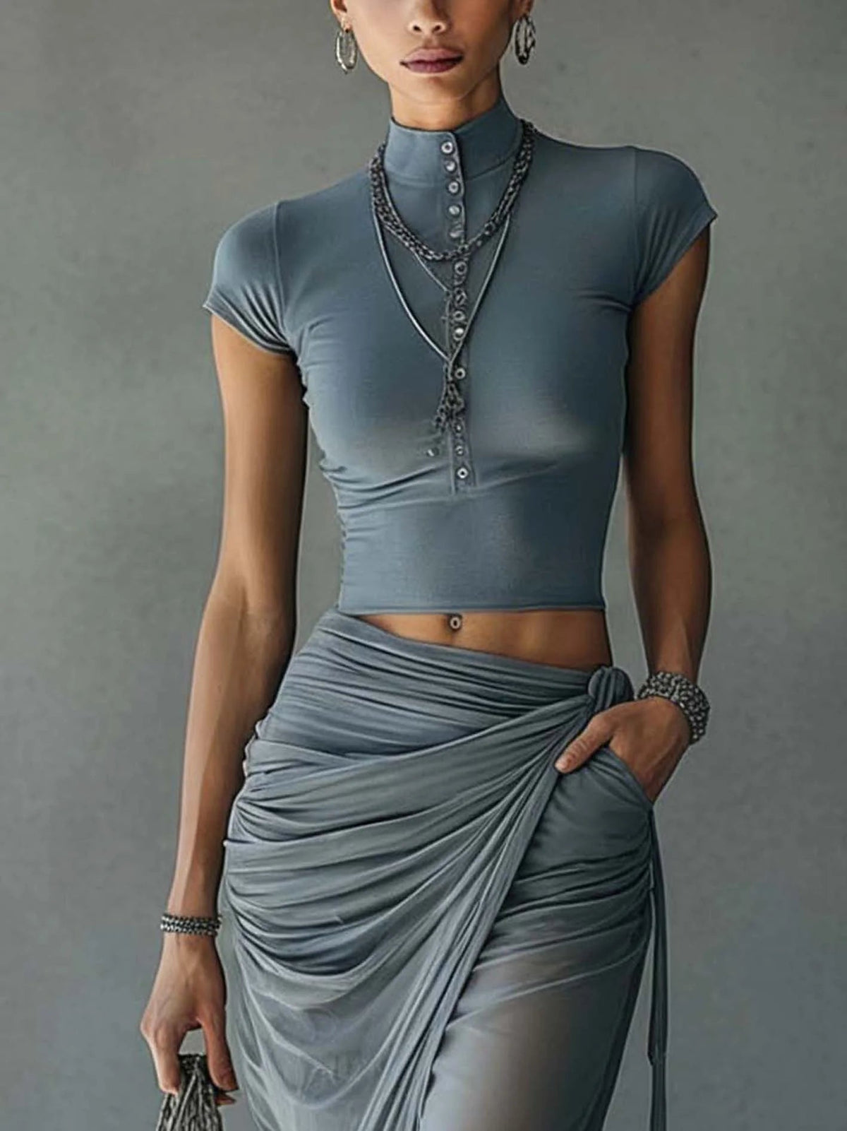 Scarlett| Blue Cropped T-Shirt and Sheer Mesh Draped Skirt Set