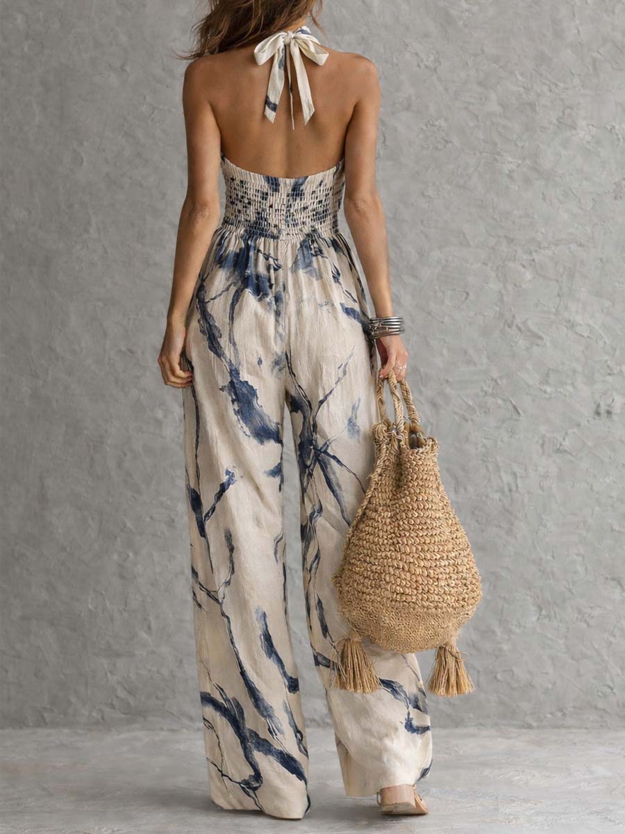 Riley | Halter Neck Ink Wash Print Wide Leg Jumpsuit With Pockets