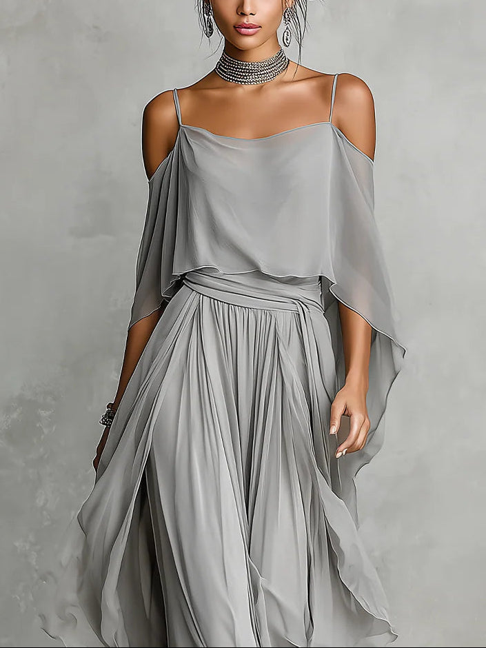 Penelope | Grey off-shoulder flowy camisole and trousers chiffon set