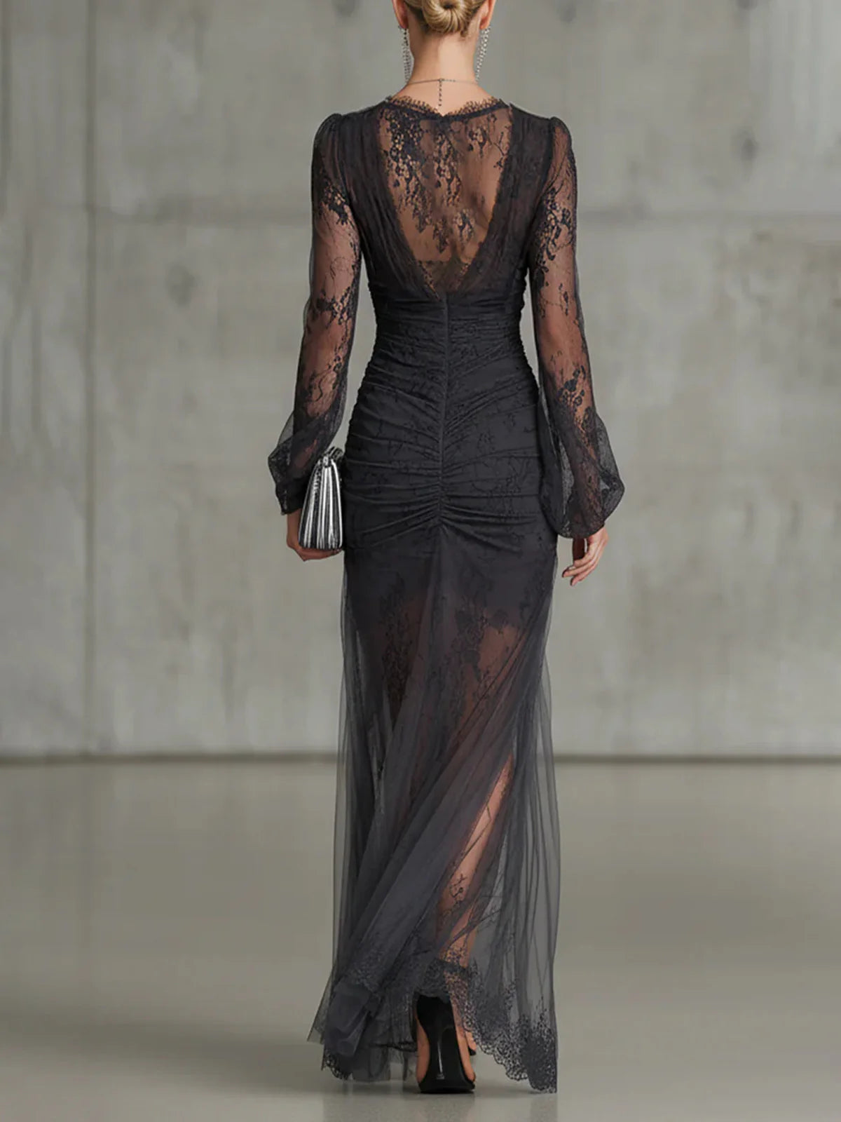 Victoria | Dark Grey Lace Ruched Sheer Long Sleeve Slit Maxi Dress