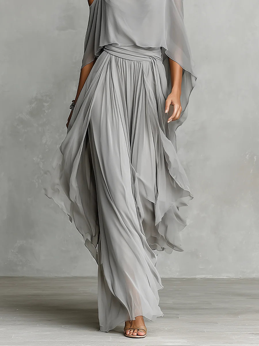 Penelope | Grey off-shoulder flowy camisole and trousers chiffon set