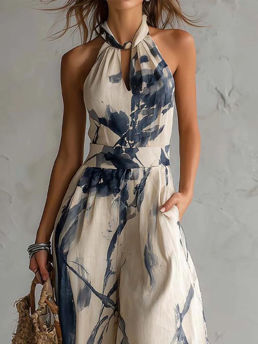 Riley | Halter Neck Ink Wash Print Wide Leg Jumpsuit With Pockets