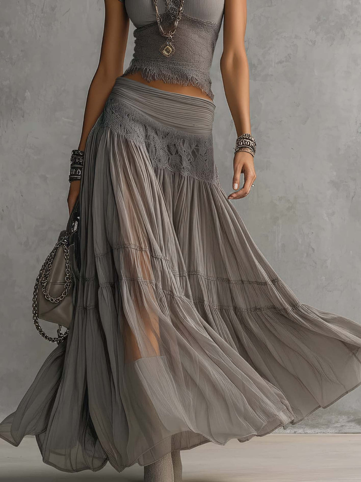 Lily | Grey Sheer Lace-Paneled Top and Pleated Maxi Skirt Set