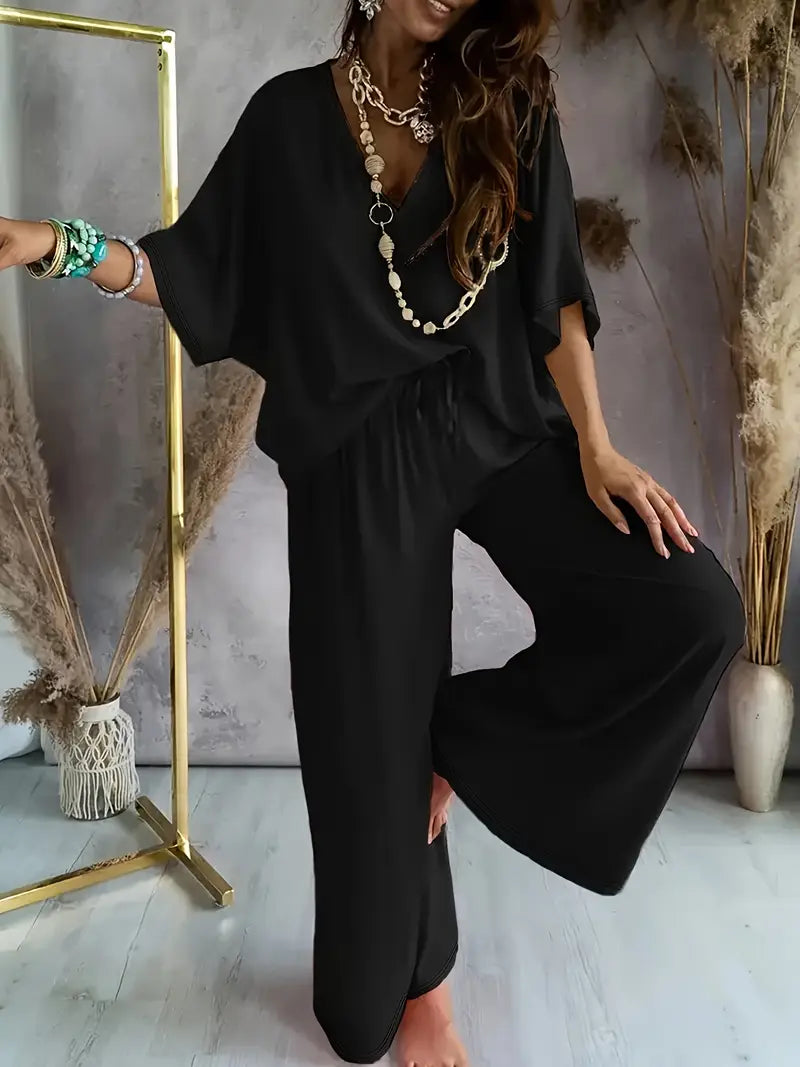 Mia™ - Casual V Neck Top with Wide Leg Pants Set