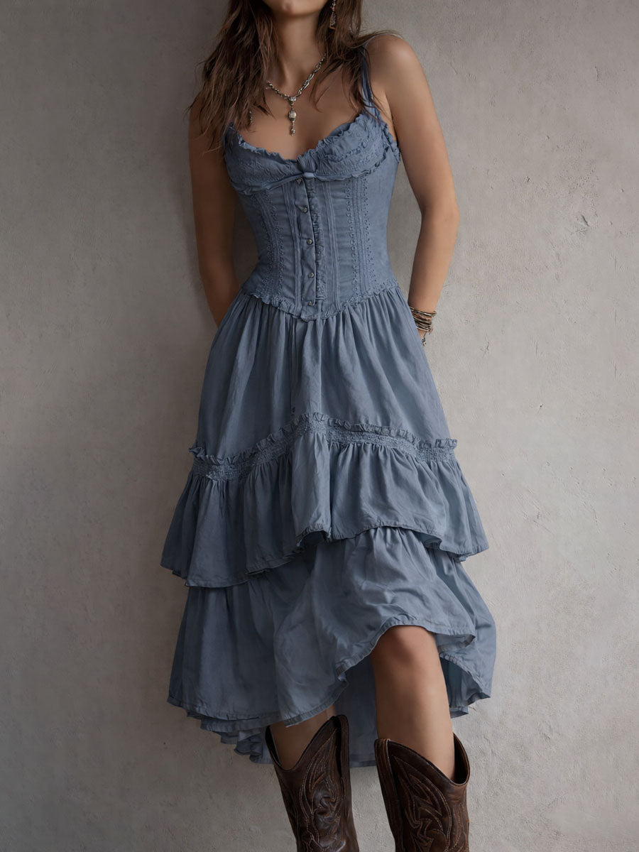 Brooklyn | Retro Boho Corset Tiered Midi Dress With Lace-Trim