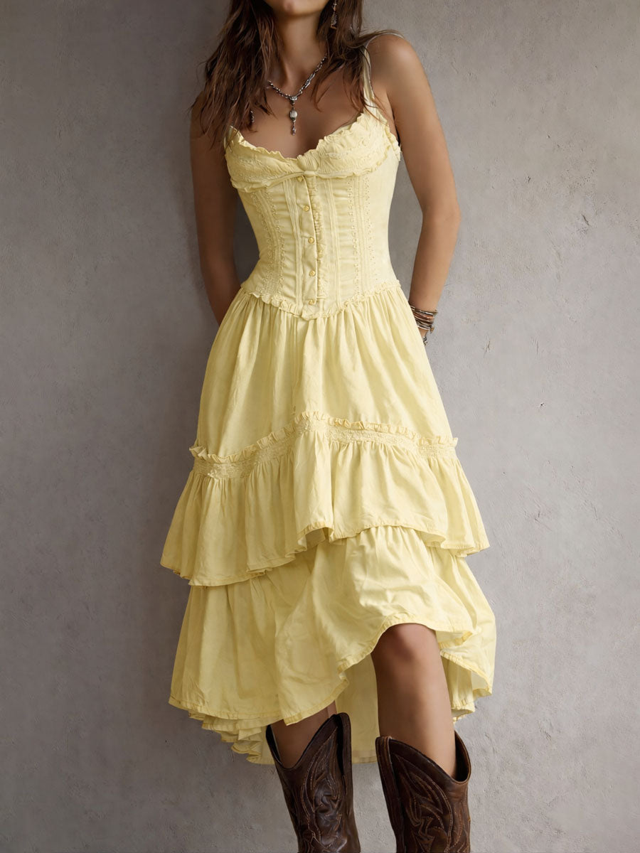 Brooklyn | Retro Boho Corset Tiered Midi Dress With Lace-Trim