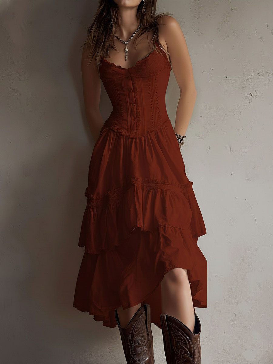 Brooklyn | Retro Boho Corset Tiered Midi Dress With Lace-Trim