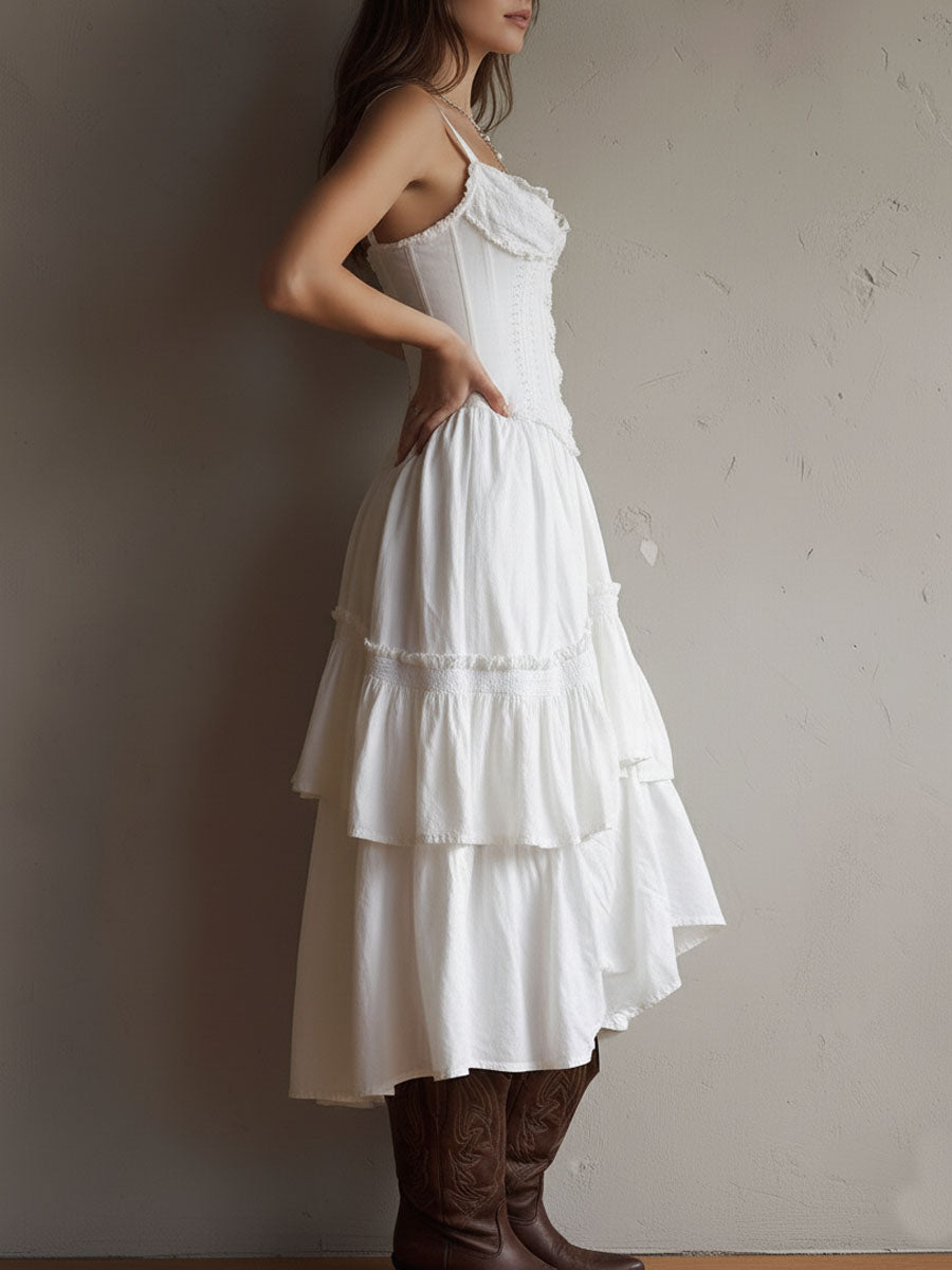 Brooklyn | Retro Boho Corset Tiered Midi Dress With Lace-Trim