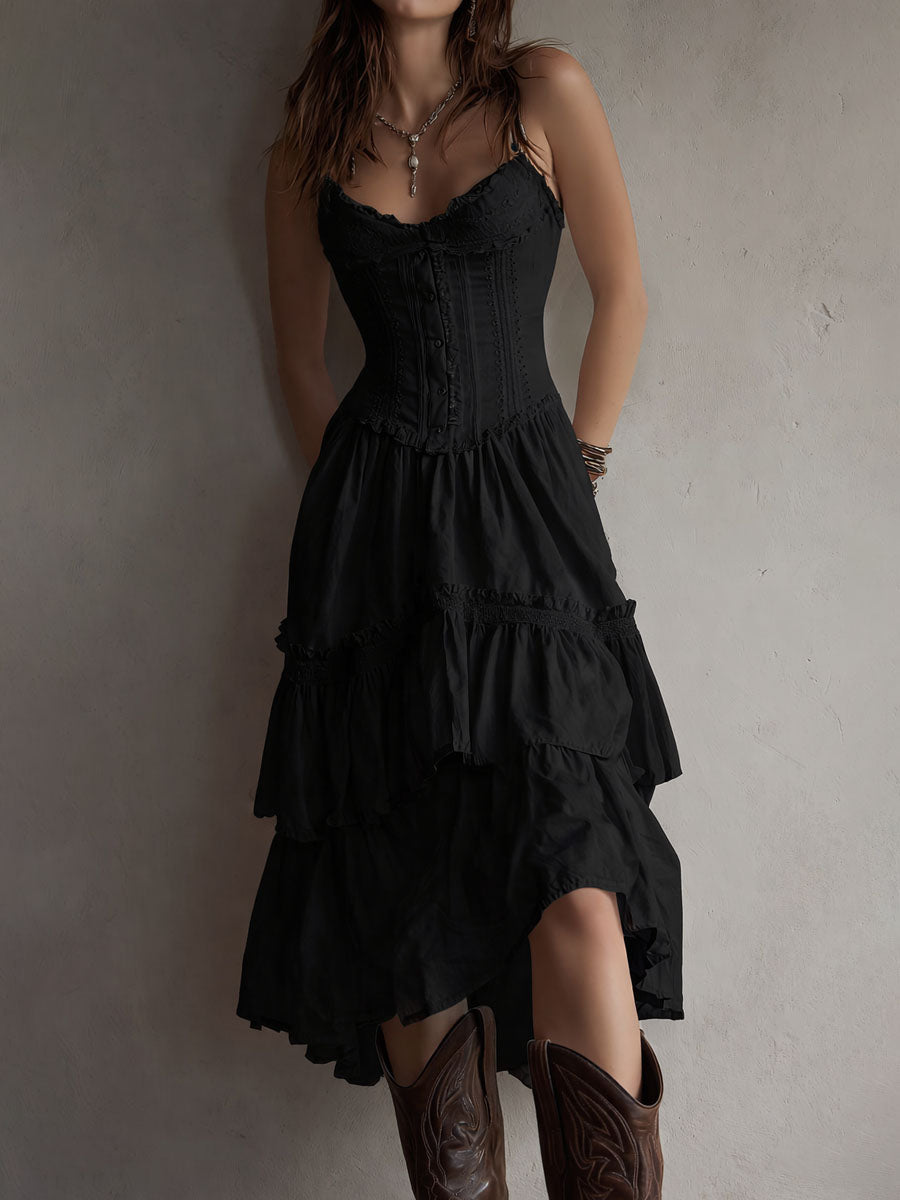 Brooklyn | Retro Boho Corset Tiered Midi Dress With Lace-Trim