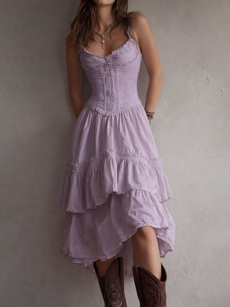 Brooklyn | Retro Boho Corset Tiered Midi Dress With Lace-Trim