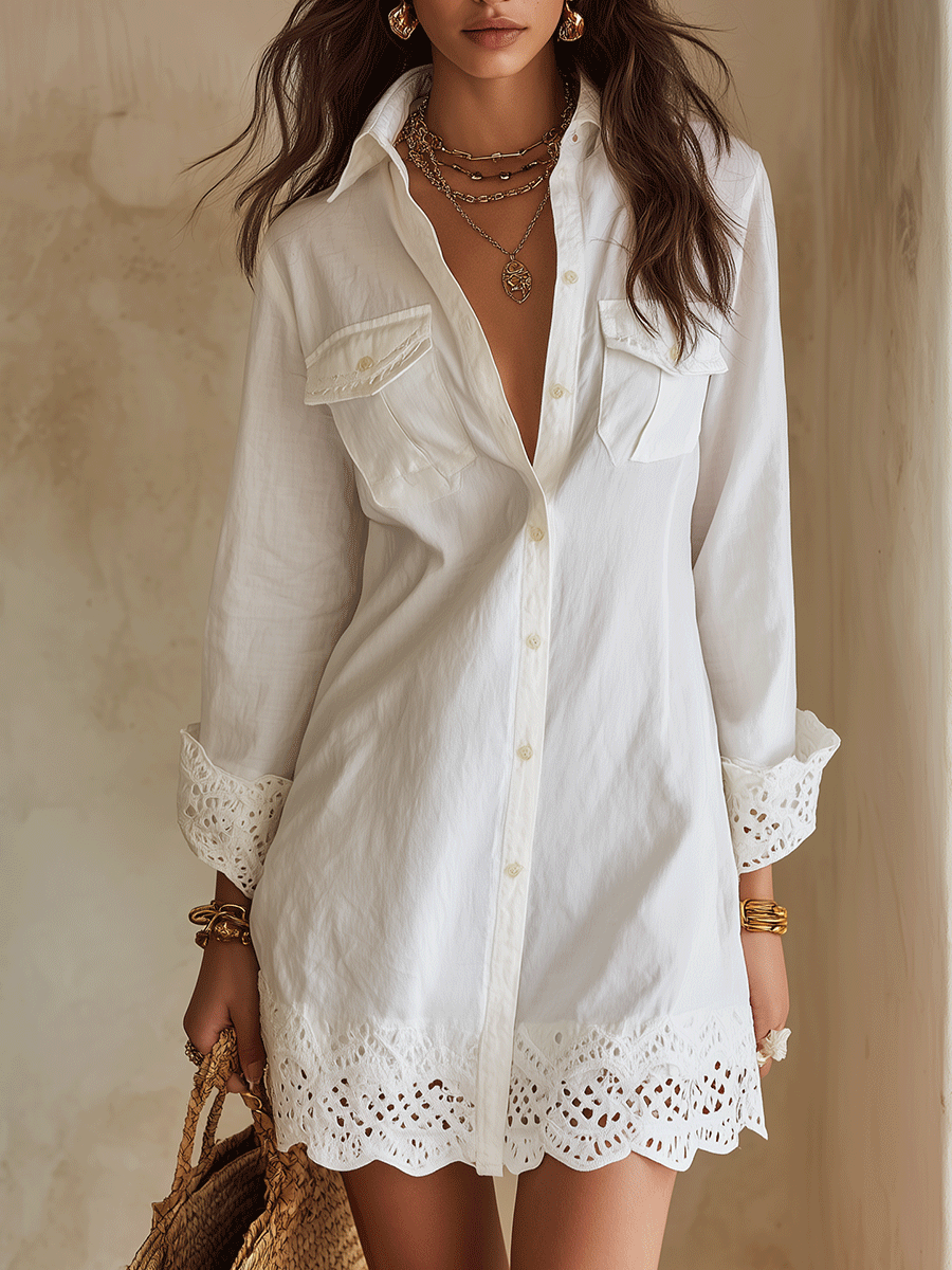Layla | Bohemian Eyelet Hem Resort White Shirt Mini Dress