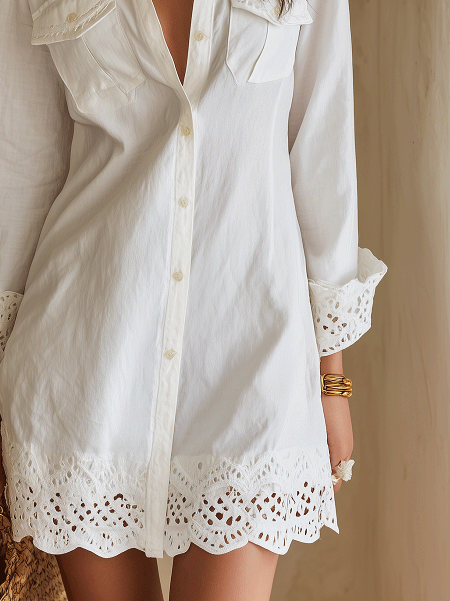 Layla | Bohemian Eyelet Hem Resort White Shirt Mini Dress