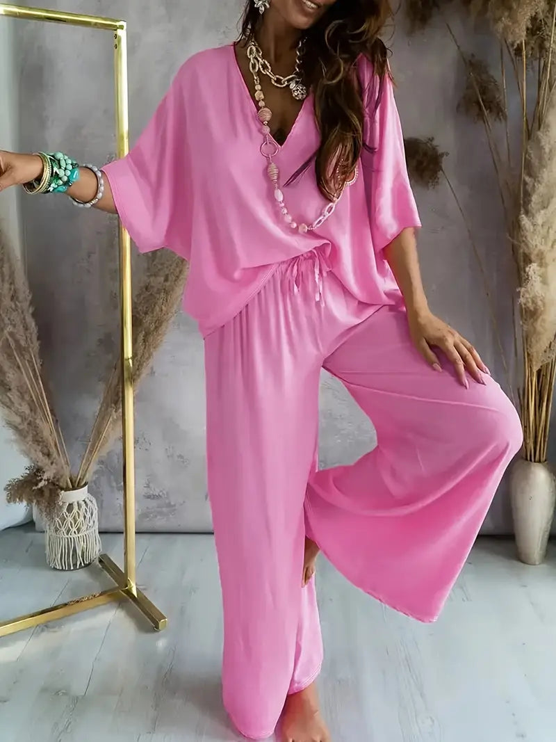 Mia™ - Casual V Neck Top with Wide Leg Pants Set