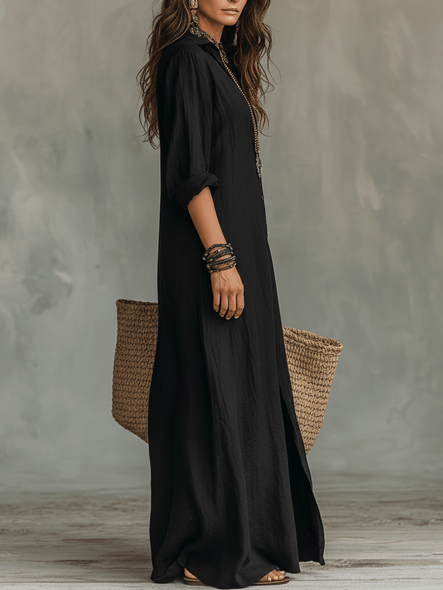 Olivia | Black Button-Front Bohemian Shirt Maxi Dress