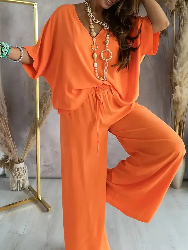Mia™ - Casual V Neck Top with Wide Leg Pants Set