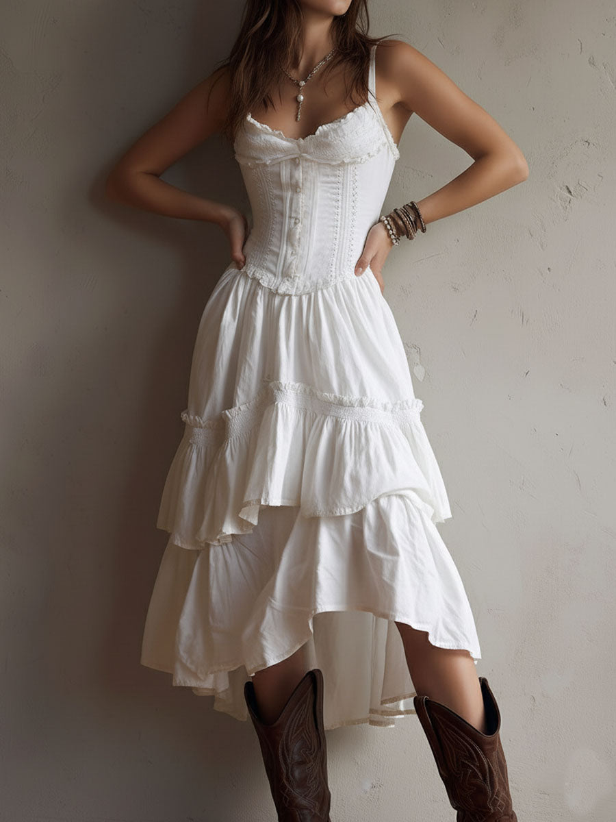 Brooklyn | Retro Boho Corset Tiered Midi Dress With Lace-Trim