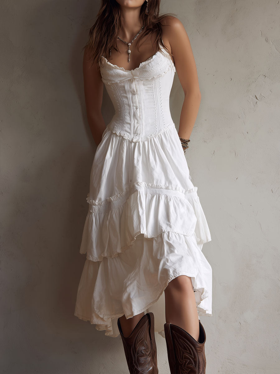 Brooklyn | Retro Boho Corset Tiered Midi Dress With Lace-Trim