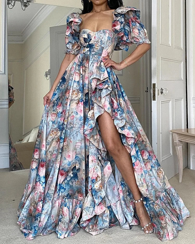 Aria™ - Elegant Floral Ruffles Maxi Dress