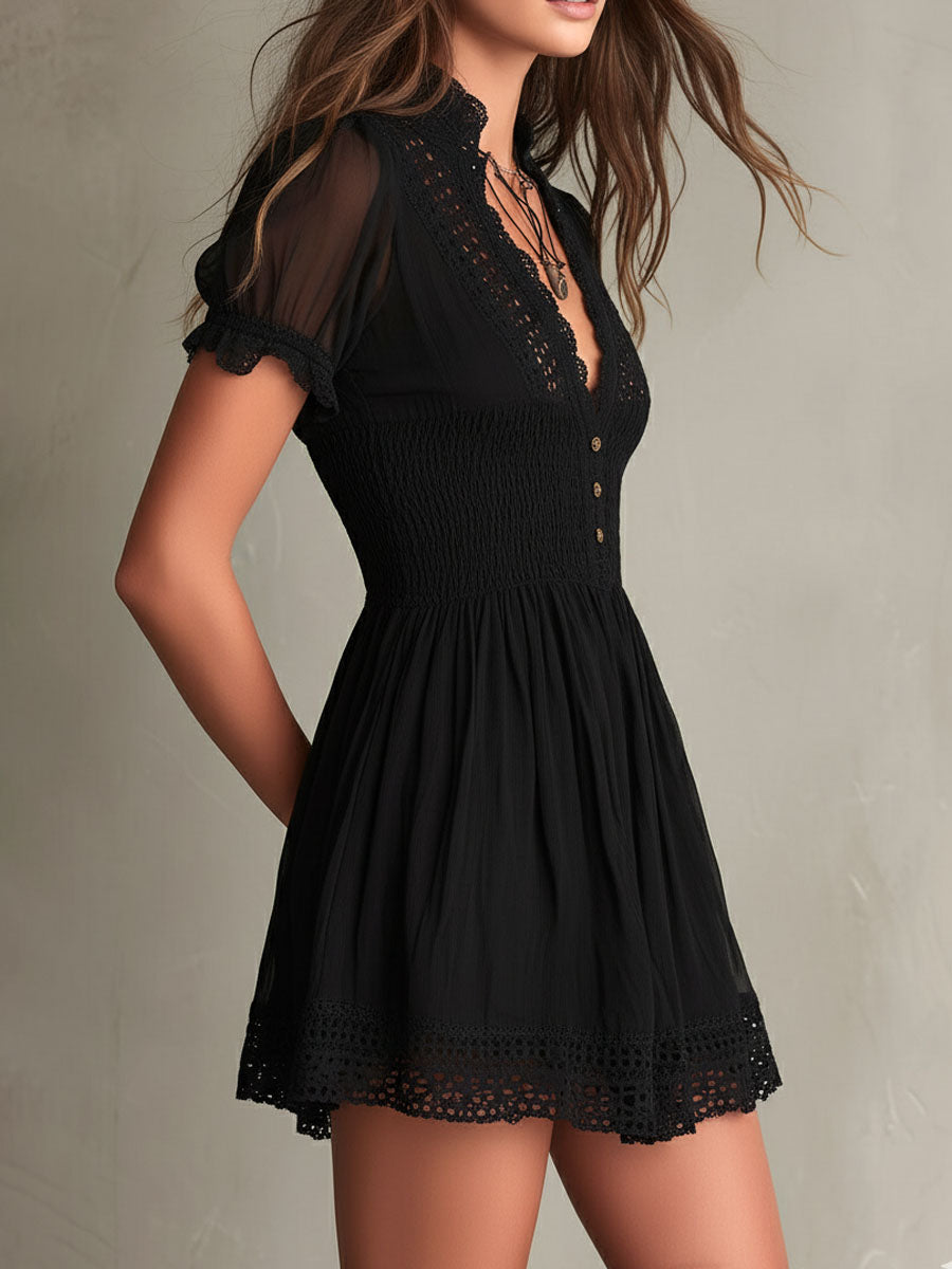 Isabella | Classic Muse Smocked Lace-Trim Black  Mini Dress