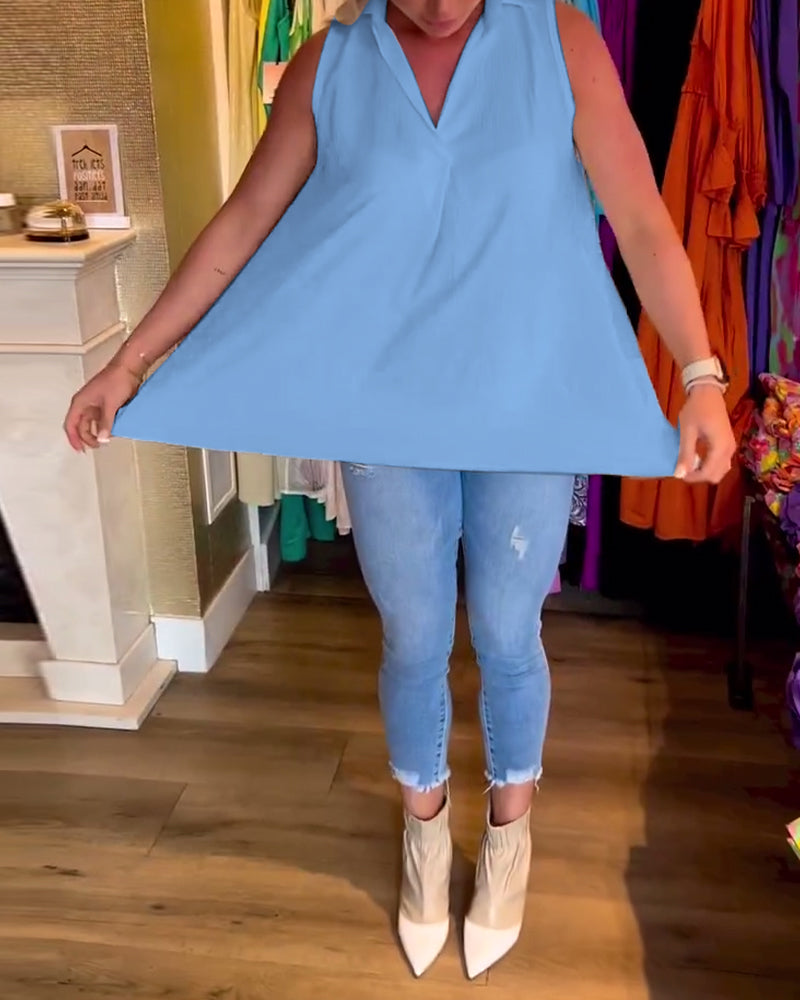 Ella™ - Sleeveless Top With Ruffles and Lapels