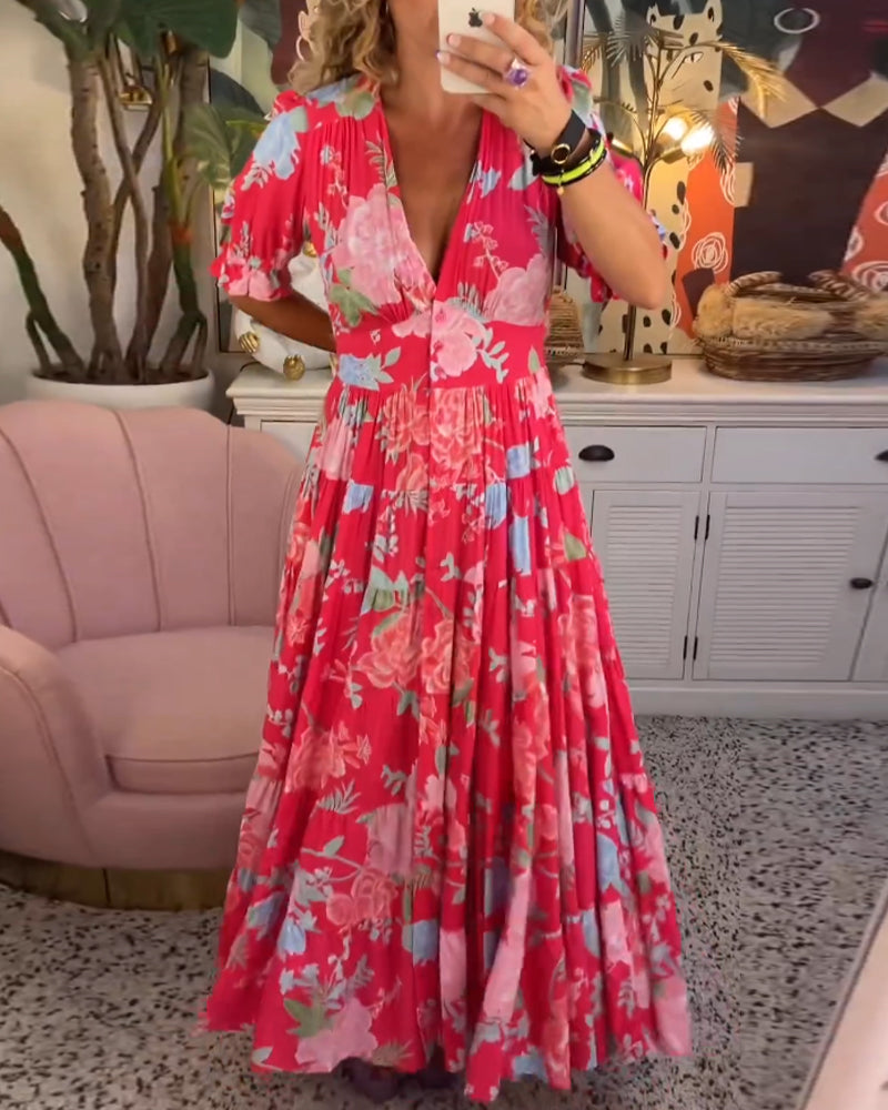 Amelia™ - Floral Print V-Neck Pocket Dress
