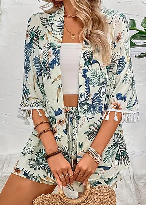Victoria™ - Elegant Floral Cardigan With Beach Shorts Set