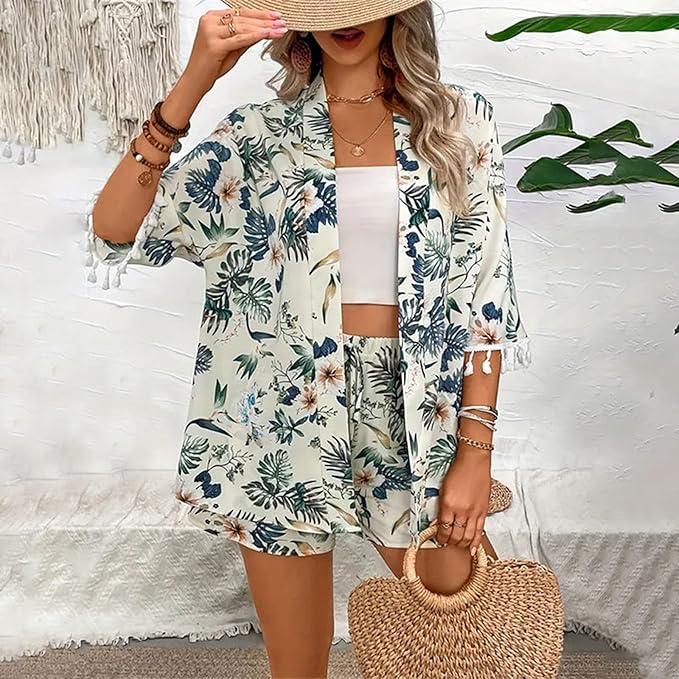 Victoria™ - Elegant Floral Cardigan With Beach Shorts Set