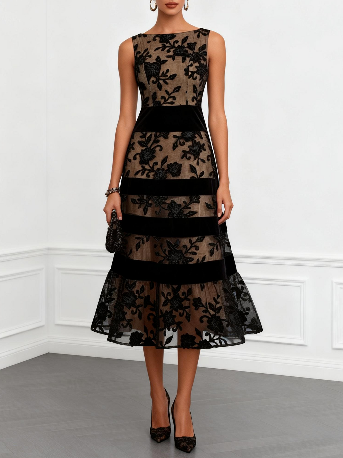 Harper| Black Mesh Floral Sleeveless A-Line Midi Dress
