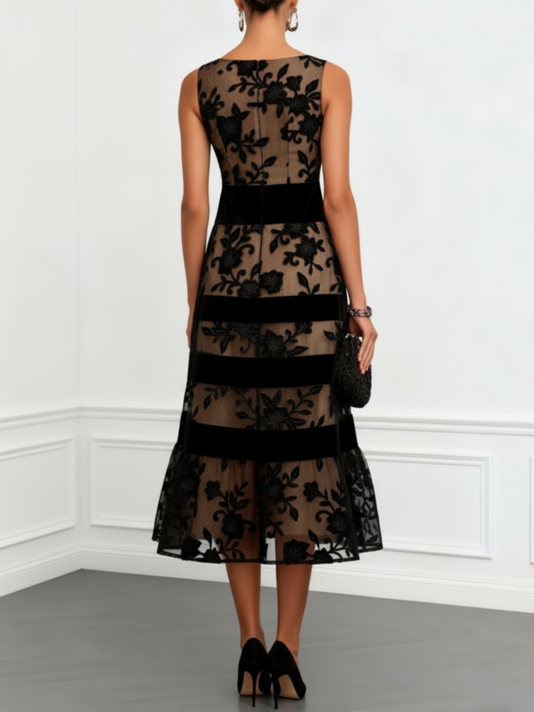 Harper| Black Mesh Floral Sleeveless A-Line Midi Dress