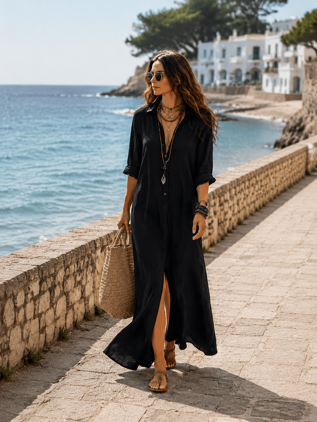 Olivia | Black Button-Front Bohemian Shirt Maxi Dress
