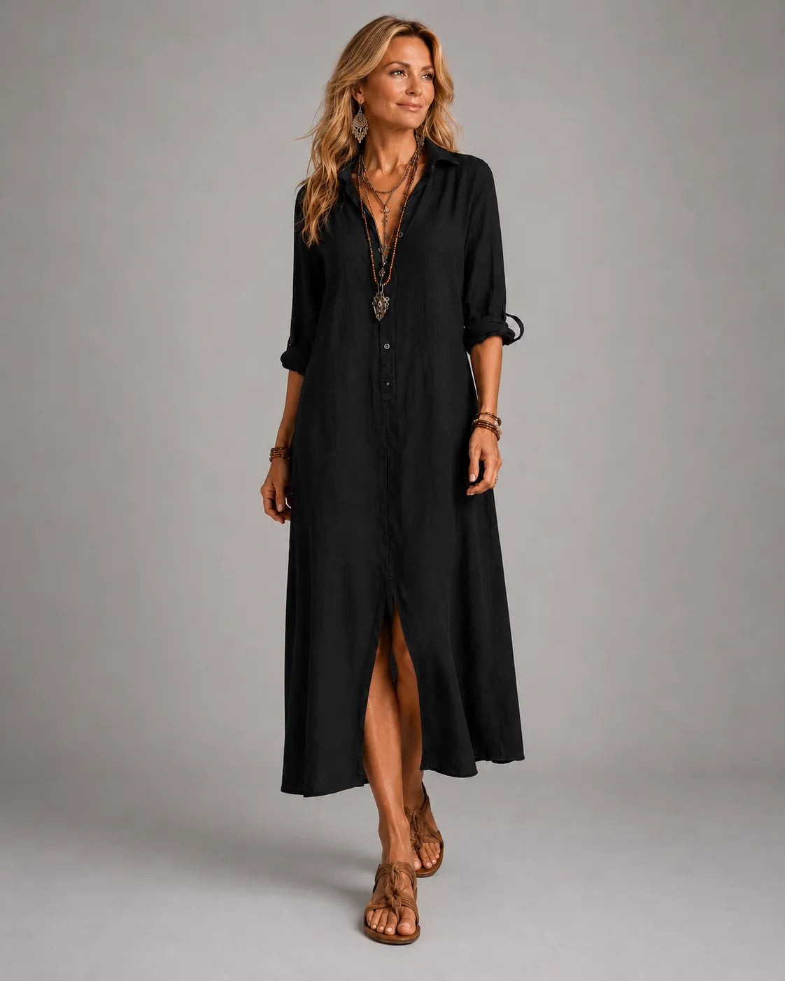 Olivia | Black Button-Front Bohemian Shirt Maxi Dress
