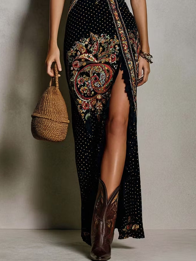 Lina | Bohemian-Style Printed Dress with Deep V-Neck and High Slit