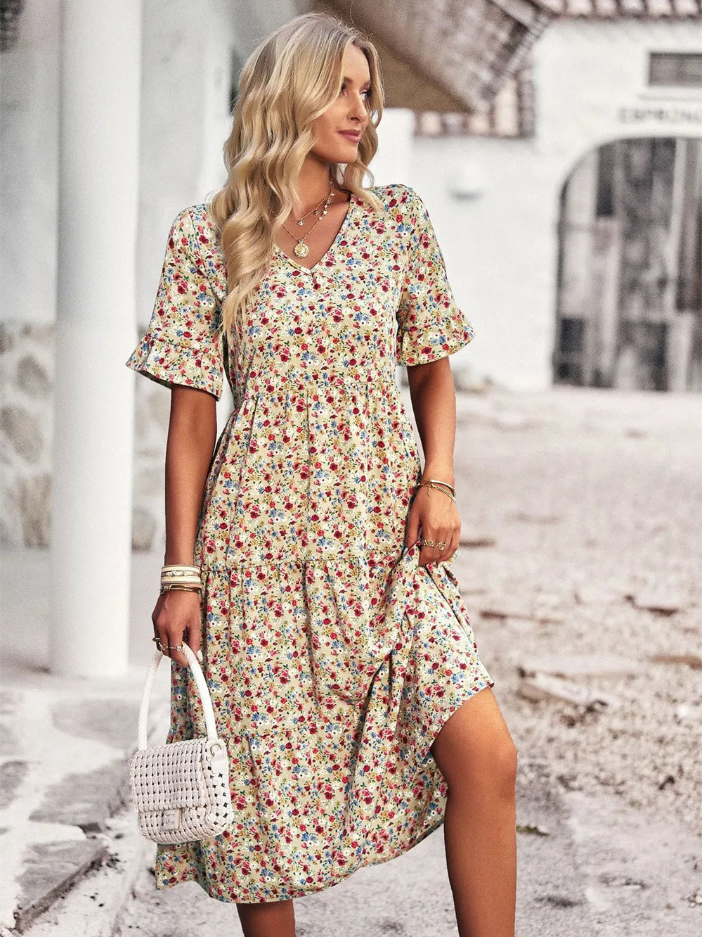 Layla™ - Elegant V Neck Printed Dress