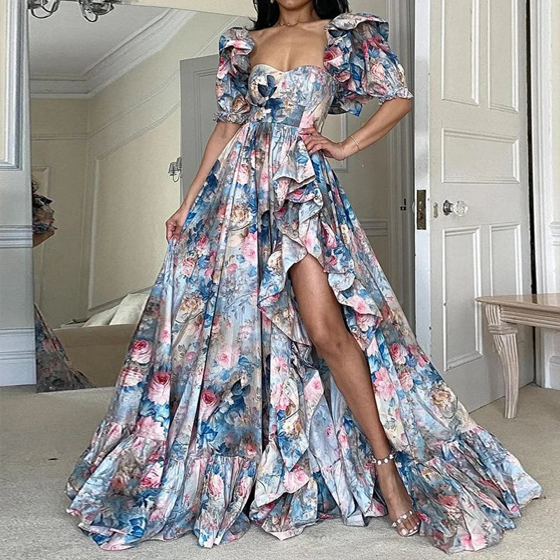 Aria™ - Elegant Floral Ruffles Maxi Dress