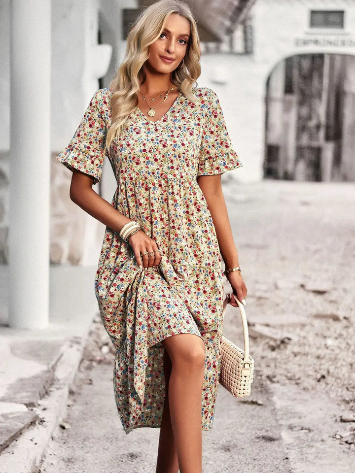 Layla™ - Elegant V Neck Printed Dress