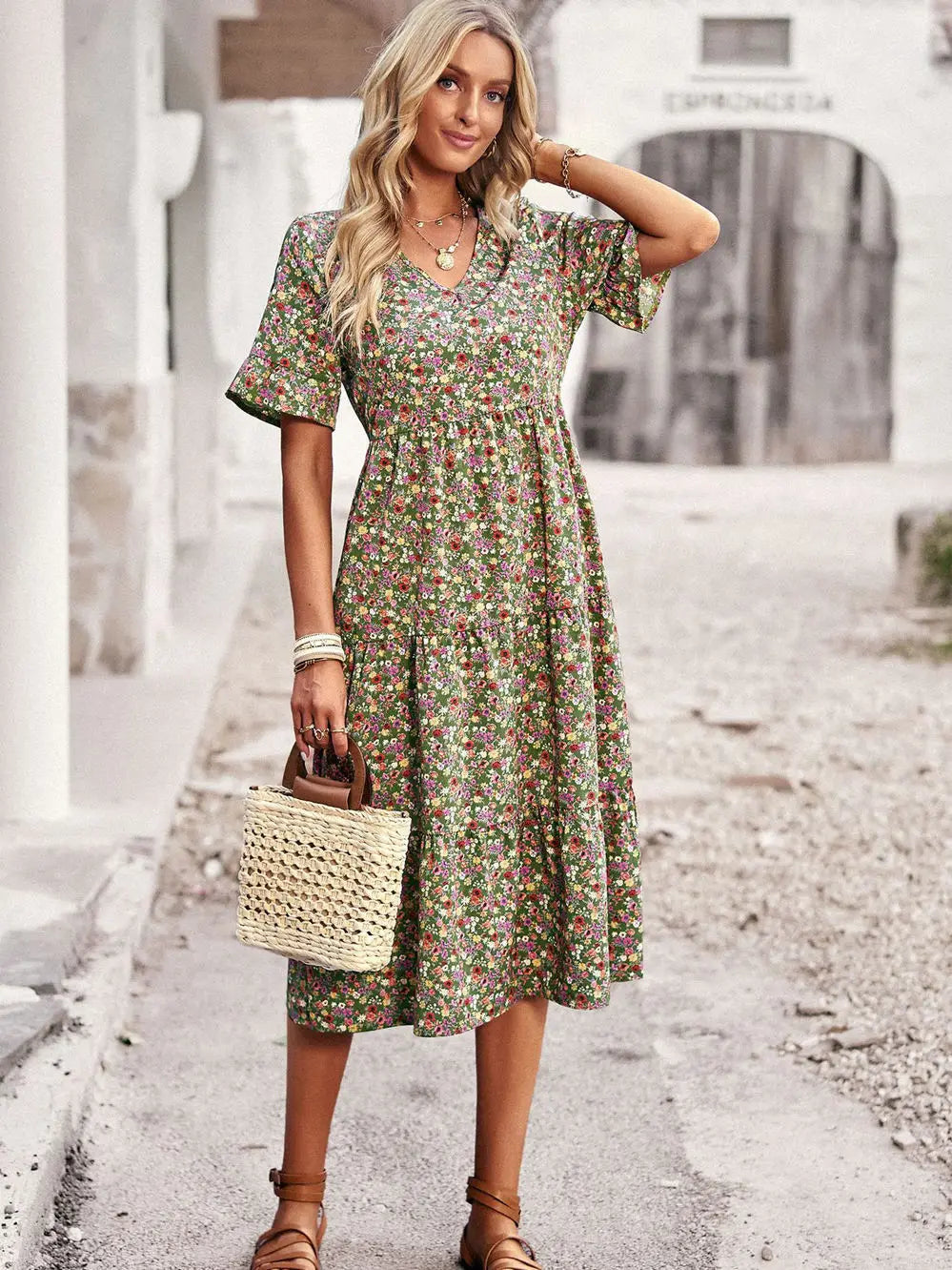 Layla™ - Elegant V Neck Printed Dress