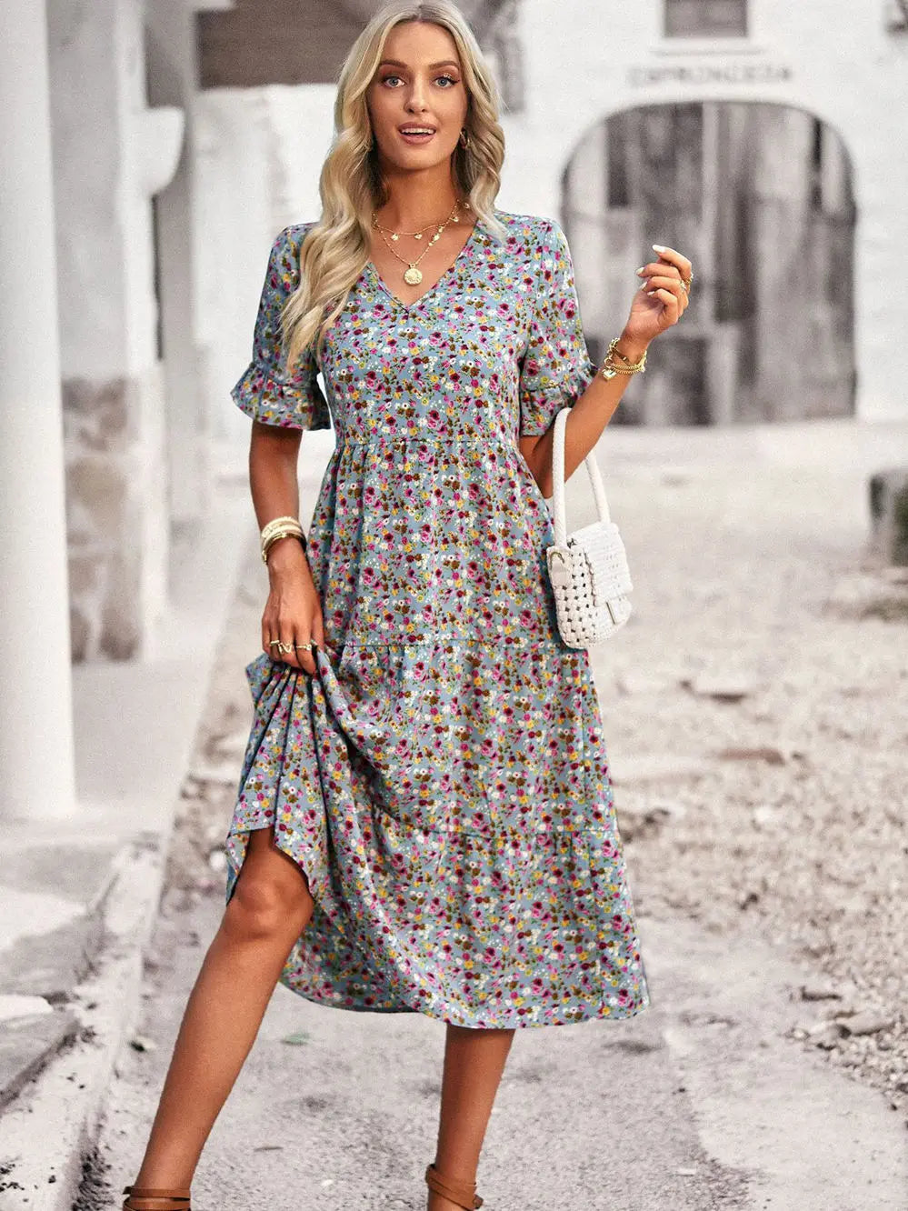 Layla™ - Elegant V Neck Printed Dress