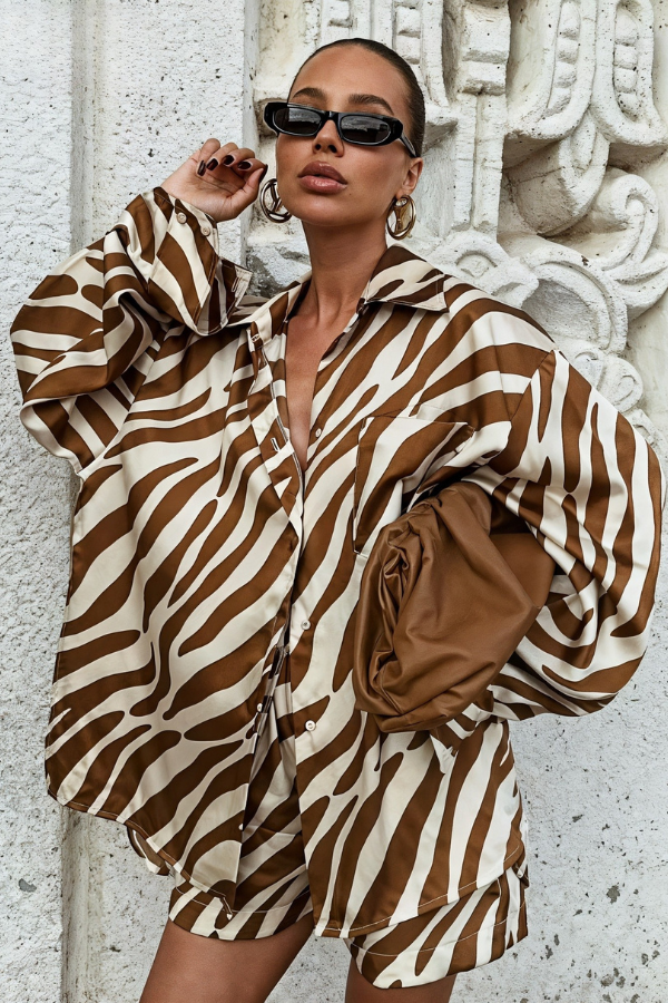 Aubrey™ - Leopard Print Long Sleeve Shirt And Short Set