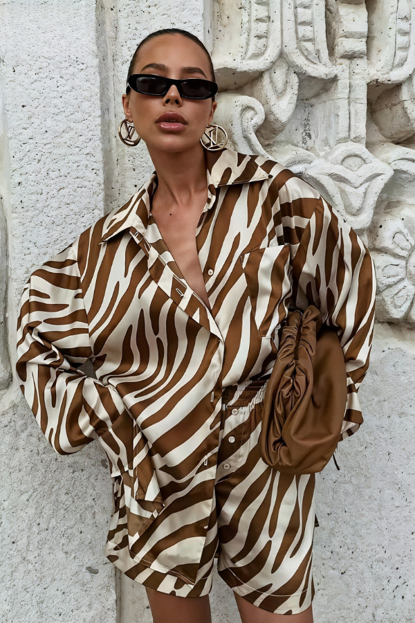 Aubrey™ - Leopard Print Long Sleeve Shirt And Short Set