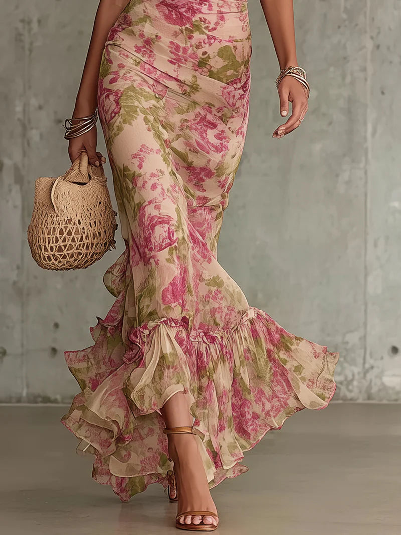 Savannah | Vintage Rose Print Maxi Dress With Puff Sleeves (Accessories not included)
